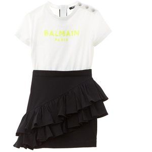 NWT Balmain Sequin Logo Cotton Ruffle Minidress